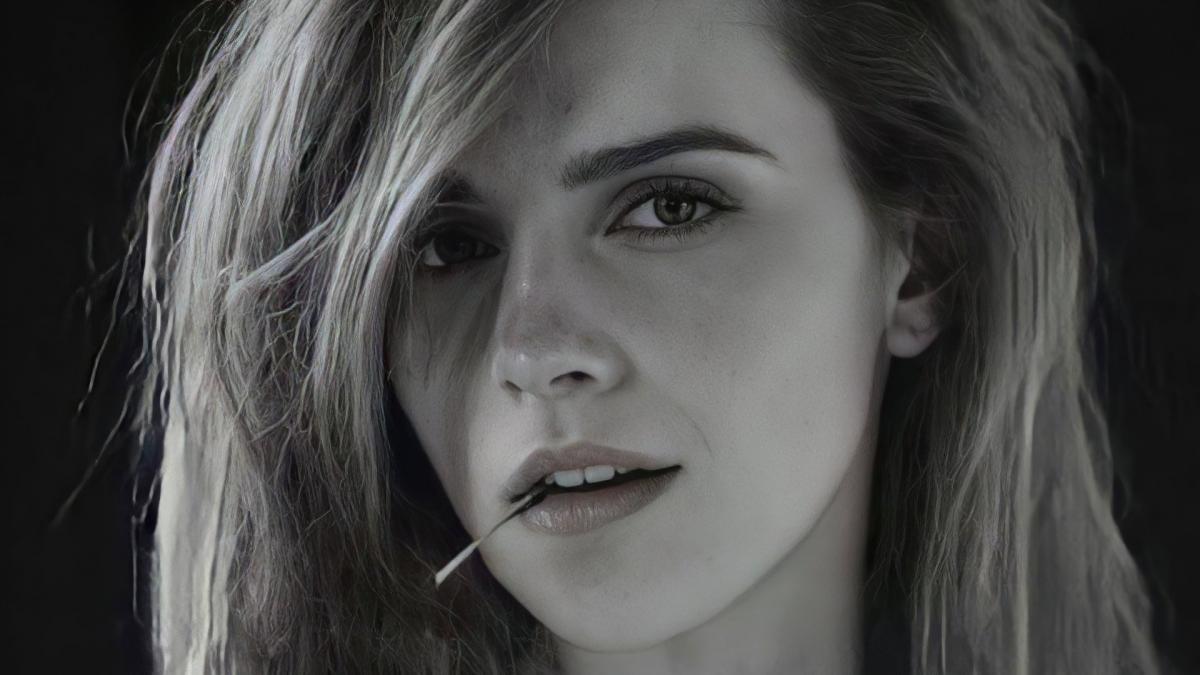 Black and white portrait of Emma Watson, showcasing her elegance and poise (1920x1080)